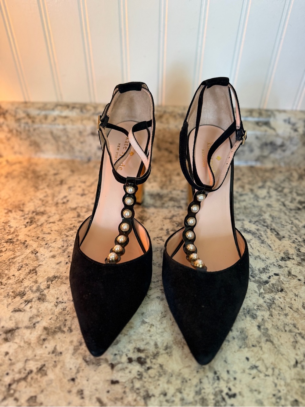 kate spade Black Suede T-Strap Block Heel Pumps with Gold Pearl Sexy Career - Picture 3 of 8
